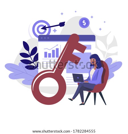 Key to Success flat illustration. Career and Work Motivation color design. Woman with Laptop, Report Board and Big Key vector colorful metaphor, isolated on white background.