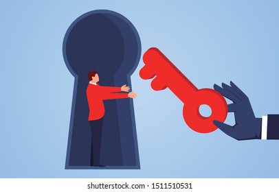 The key to success, giving a red key to a businessman standing on a keyhole