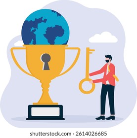 Key to success in global business. Awards for achievements from the competition. Achievement goals with trophies.

