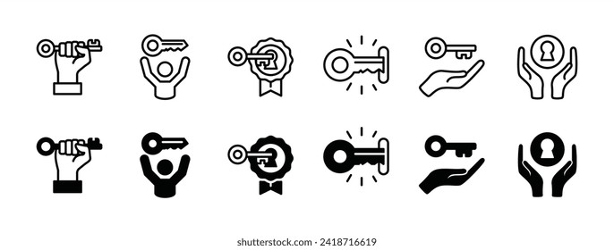 Key to success icon set. Hands holding key. Key to success in business. Vector illustration