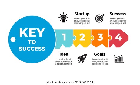 Key To Success Infographic. Business Solution Presentation Slide Template. Diagram Chart With 4 Steps, Options, Processes. 