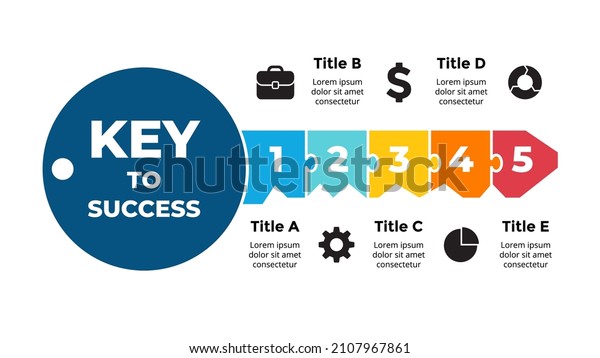 Key to success infographic. Business solution\
presentation slide template. Diagram chart with 5 steps, options,\
processes. 