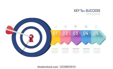 Chave para o sucesso Modelo de diagrama de infográfico para negócios.5 etapas seta alvo, marketing e negócios de inicialização, infográficos vetoriais.