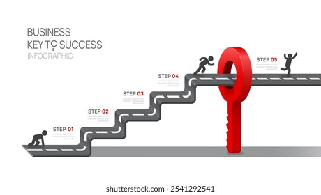 Key to success Infographic diagram template for business.5 steps man run on the road, marketing and startup business, vector infographics.