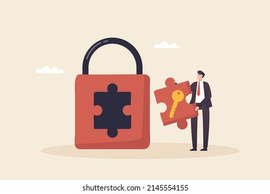 Key to success, Jigsaw puzzles solutions, puzzles answers to success. and results to success Unlock access to business secrets. a businessman holding a puzzle of a golden key to unlock.