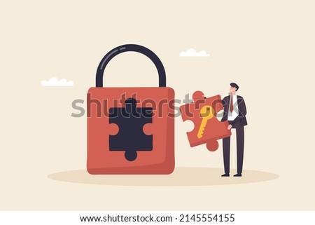 Key to success, Jigsaw puzzles solutions, puzzles answers to success. and results to success Unlock access to business secrets. a businessman holding a puzzle of a golden key to unlock.