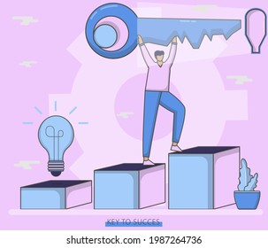 KEY TO SUCCESS - Man holding big key and trying to open keyhole. Good for landing page, web, banner, poster, template, promotion