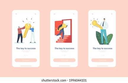 Key to Success Mobile App Page Onboard Screen Template. Tiny Business Characters Carry Huge Gold Key to Unlock Door. Career Boost, Solution, Motivation Concept. Cartoon People Vector Illustration