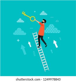 Key to success. Modern flat design concept  with cute young man.  Progress, victory.
