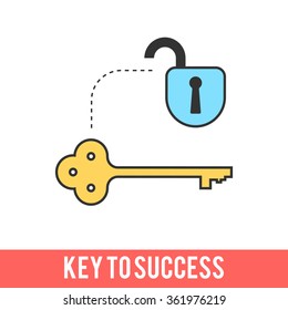 Key to success, opened lock, a successful solution to the problem. Modern flat line vector logo pictogram illustration