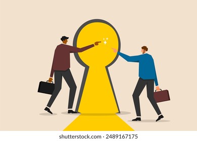 Key to success, promising future in business opportunities, new challenges and freedom concept, curious businessman reaching for the glowing keyhole, beginning the journey to achieve business goals.