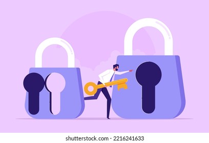 Key success for solution, career development, leadership in problem solving. Unlocking career skills or Mindset, businessman holding huge golden key to unlock door