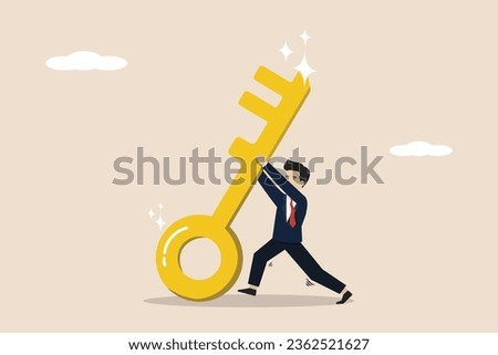 Key to success, solution to open career opportunities, motivation for success, leadership concept challenge, businessman pushing big golden key with full effort to solve the problem. 