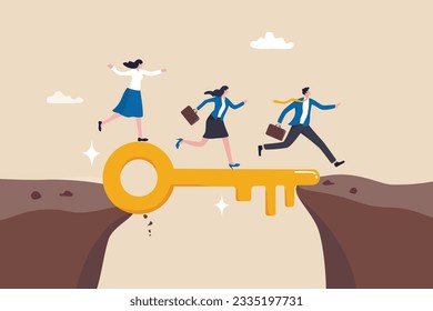 Key success, solution to solve problem and overcome obstacle, link or connect bridge to help achieve success, resolution method or resolve concept, business people walk on key success cross the gap.