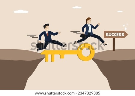 The key to success, solving problems and overcoming obstacles or solutions, connecting bridges to help achieve success, business people run over the key to success over the cliff gap.