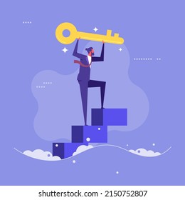 Key to success, stairway to find secret key or achieve career target, businessman winner walk up to top of stairway lifting success key to the sky