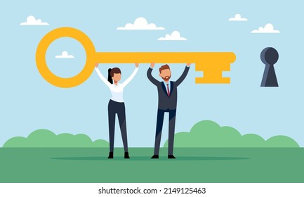 Key to success is the team. Businessmen and women hold golden huge key. People cooperation and collaboration. Achieving goals together. Common cause vector cartoon flat teamwork concept