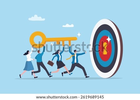 Key to success; team working together as teamwork to achieve goal or target; unlock career opportunity; solution or winning business planning concept; business people carry golden key to success.