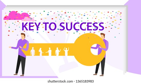 Key to success is in teamwork and communication business vector concept. Businessman and entrepreneur go to the door with a key. Business concept. Key to the success of the collaboration, teamwork.