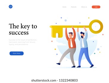 The key to success, teamwork, flat style illustration vector mobile app for company homepage template hero image landing page