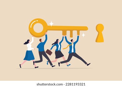 Key to success, teamwork, people to help solve problem, career opportunity, unlock secret or discovery, motivation concept, business people team member help carry golden success key push into keyhole.