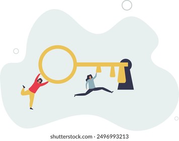 Key to success, teamwork, people to help solve problem, career opportunity, unlock secret or discovery, motivation concept.flat design.illustration with people.