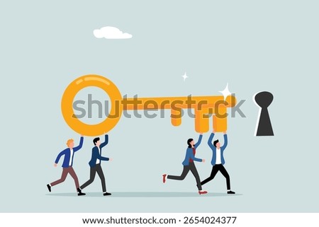Key to success, teamwork, people to help solve problem, career opportunity, unlock secret or discovery, motivation concept, team member help carry golden success key push into keyhole.
