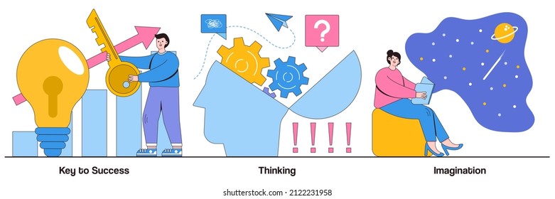 Key to success, thinking and imagination concept with people character. Personal and professional growth vector illustration set. Brainstorming, idea and fantasy, motivation and inspiration metaphor.