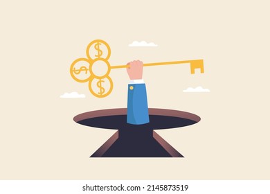The key to success. Unlock job duties. Unlock freedom or life. Businessman hand holding a large key to unlock something.
