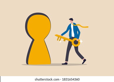 Key to success, unlock secret door to growing business, opportunity for career path or goal achievement concept, confidence businessman holding golden key and running to unlock keyhole to reach target