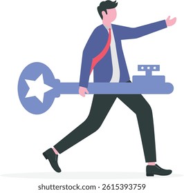 Key to success, unlock secret door to growing business, opportunity for career path or goal achievement concept, confidence businessman holding golden key and running target

