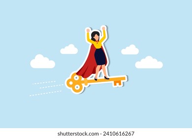 Key success to unlock true potential to win business or career improvement, moving forward for bright future, new opportunity or business direction concept, businesswoman leader ride gold key success.