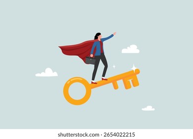 Key success to unlock true potential to win business or career improvement, moving forward for bright future, new opportunity or business direction concept, businesswoman leader ride gold key success.