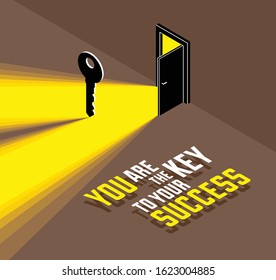 The key to success vector conceptual illustration with half open door giving light to dark place and key, new opportunities, secret mysterious door.
