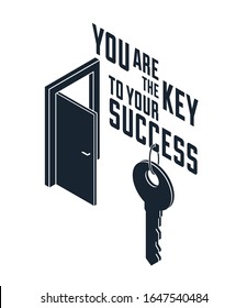 The key to success vector conceptual illustration with half open door and key, new opportunities, secret mysterious door.