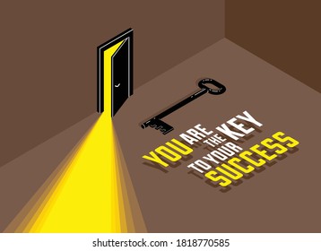 The key to success vector conceptual illustration with half open door giving light to dark place and key, new opportunities, secret mysterious door.