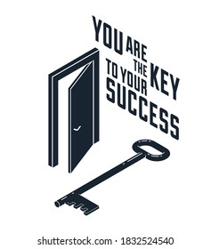 La clave del éxito vectorial ilustración conceptual con media puerta abierta y clave, nuevas oportunidades, puerta misteriosa secreta.