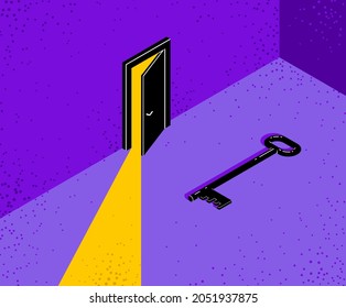 The key to success vector conceptual illustration with half open door giving light to dark place and key, new opportunities, secret mysterious door.