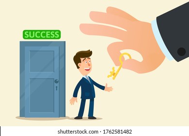 The key to success. A young businessman inherited a successful business. Big hand of mentor give gold key for success to young man. Vector illustration, flat design cartoon style, isolated background.