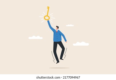 The key to success in your career. Unlock the ability to be independent. Self development. The man holding the key jumped rejoicing.