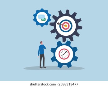 Key of successful in business concept. Skill development for career growth. Goal, experience and connection, businessman looking at workflow cogwheel gears.