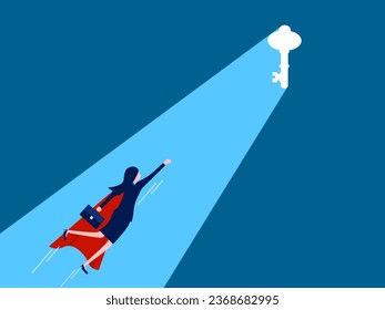 key to successful leadership. woman hero heading towards the key door with light