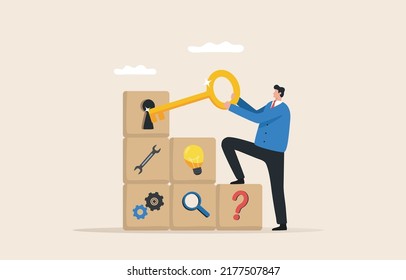 The key to successful process improvement. Main business direction Successful career goals and strategies. 
Leading the process of working towards the goal. 
Businessman with gold keys.