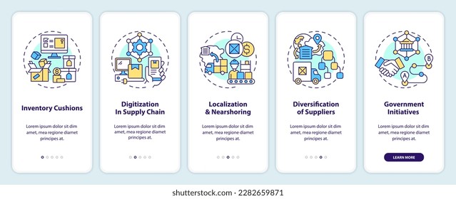 Key supply chain strategy onboarding mobile app screen. Business walkthrough 5 steps editable graphic instructions with linear concepts. UI, UX, GUI template. Myriad Pro-Bold, Regular fonts used