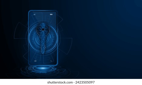 Key symbol with circuit board. Smartphone security or encryption
and cyber data protection and privacy. Innovative concept of advanced safety technology