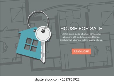 Key with symbol of house and Project architect house plan. Vector web banner