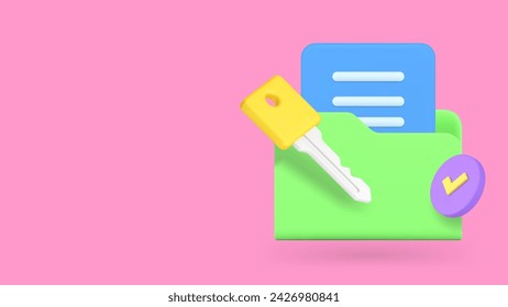 Key takeaway business document folder with pass banner with copy space 3d icon realistic vector illustration. Database archive important information storage security password main point decision