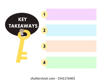 Key takeaways, A key is hanging. Info graphic with 4 colorful text boxes for adding text. Business and work concept.