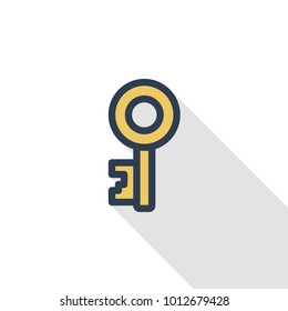 key thin line flat color icon. Linear vector illustration. Pictogram isolated on white background. Colorful long shadow design.