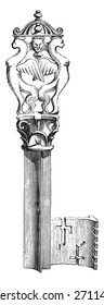 Key thirteenth century with two figures backed chimeras, vintage engraved illustration. Industrial encyclopedia E.-O. Lami - 1875. 